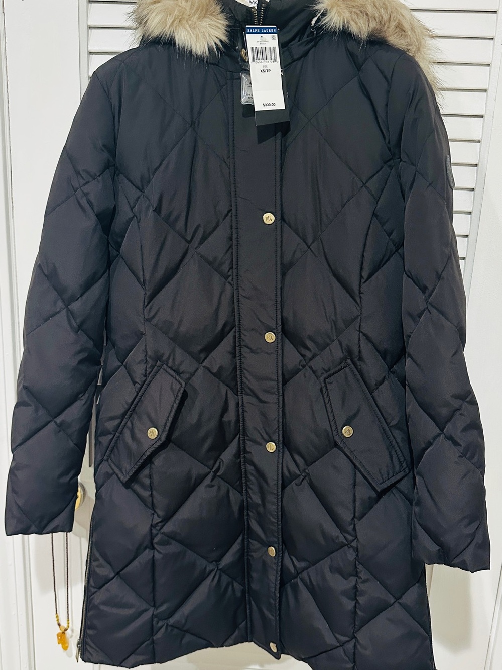 Polo by Ralph Lauren Black Quilted Puffer Coat with Faux Fur Hood Trim